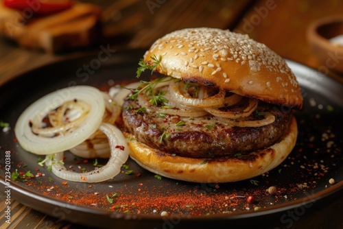 A juicy buffalo burger topped with caramelized onions on a sesame seed bun, served on a retro indoor dining table, making your mouth water for this classic american dish