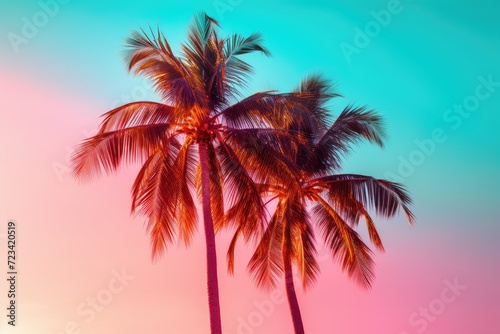 Palms silhouettes at neon sunset sky. Night landscape with palm trees on beach. Creative trendy summer tropical background. Vacation travel concept. Retro  synthwave  retrowave style. Rave party