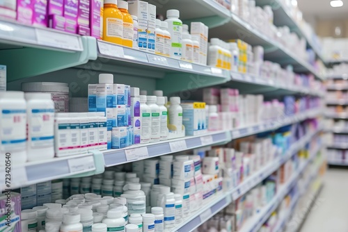 A pharmacy shelves displaying a diverse range of pharmaceuticals for various health needs photo