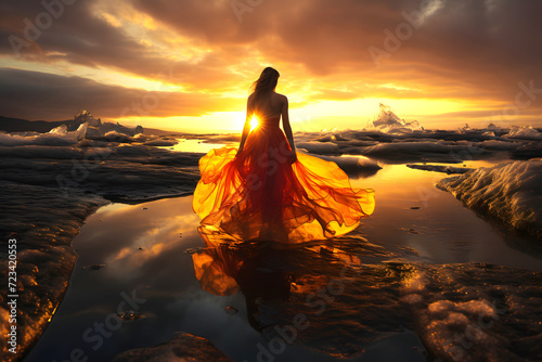 beautiful woman in a lush red dress on the shore of Iceland among the ice looks at the sunset.