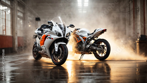 REPSOL motorcycle with lots of steam in bright environment with foggy weather in white hall photo