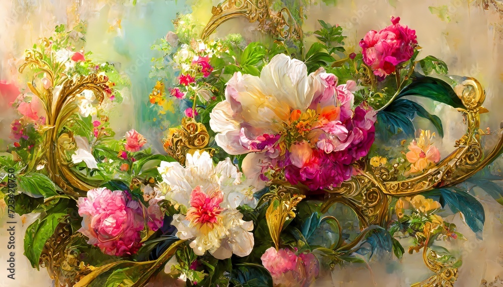 ornate floral arrangements with a baroque aesthetic, backgrounds suggest texture