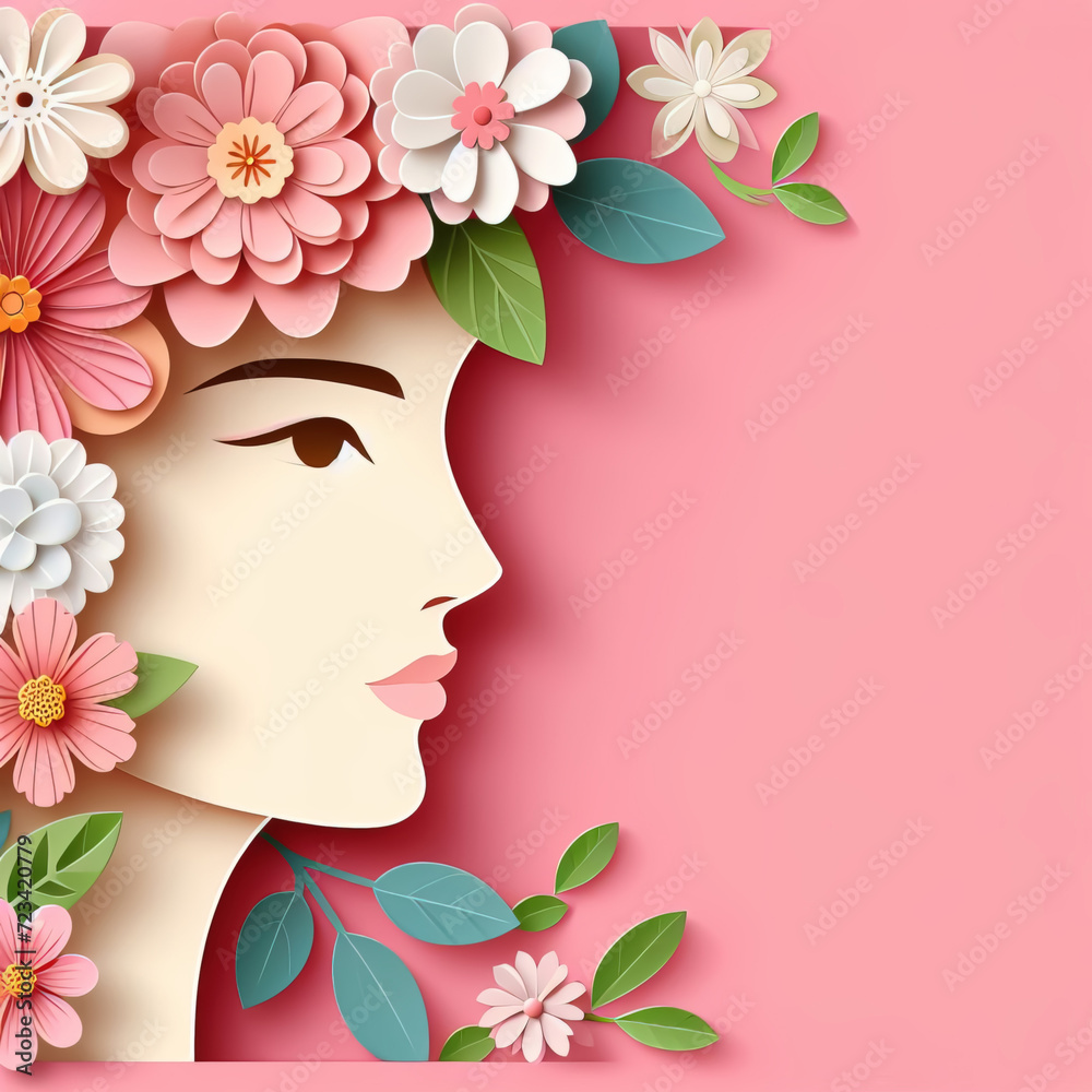 Illustration of face and flowers style paper cut with copy space for international women's day