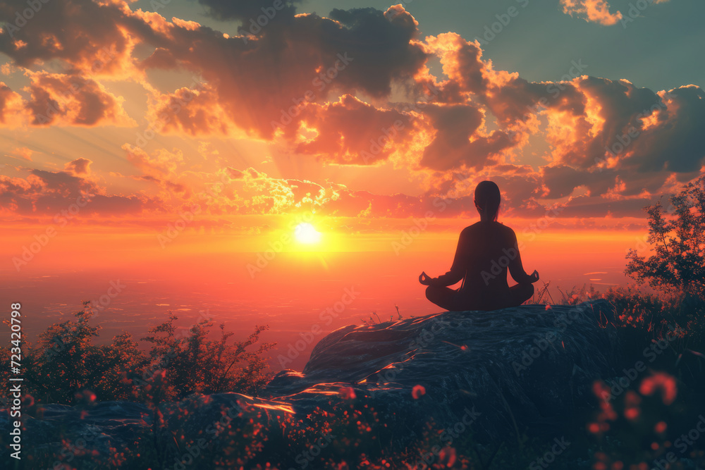 An individual meditating at sunrise, experiencing tranquility and a new beginning. Concept of meditation and mindful awakening. Generative Ai.