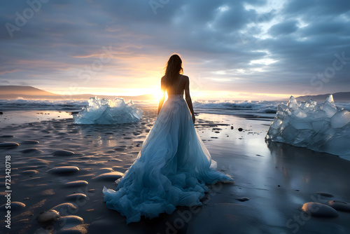 beautiful woman in a fluffy dress on the shore of the winter sea among the ice looks at the sunset.