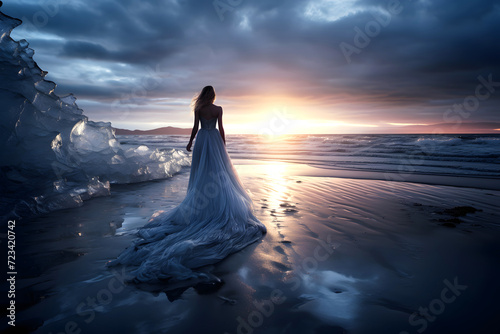 beautiful woman in a lush blue dress on the shore of Iceland among the ice looks at the sunset. © photosaint