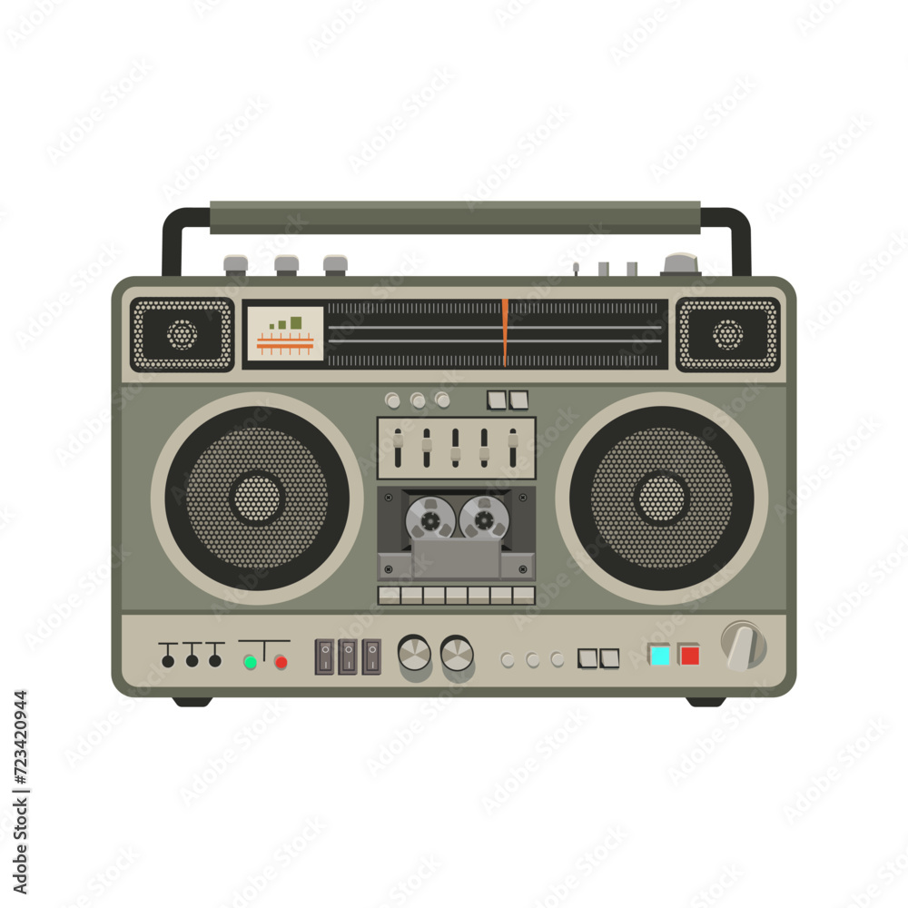 Retro cassette player. Boombox of 90s style. Vector. Nostalgia for the 90s. Vector illustration on white