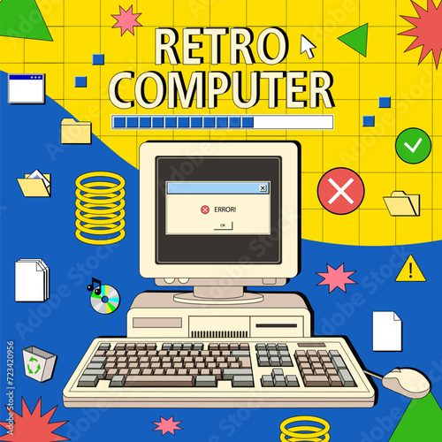 Retro poster with an old computer and keyboard in 90s style. Front faced. Cartoon style. Linear retro style