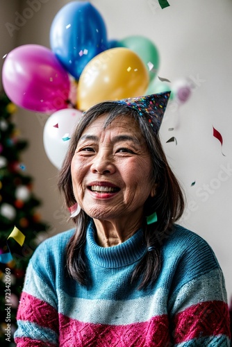 An elderly lady immersed in joy at a vibrant birthday party surrounded by colorful balloons, confetti, and pure happiness