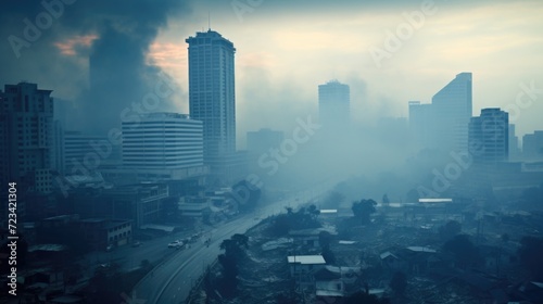Smokey Cityscape A hauntingly beautiful shot of a city consumed by smoke, capturing the damaging effects of urban pollution on the environment.