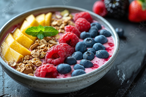 A smoothie bowl filled with fresh fruits and nuts, offering a nutritious and colorful breakfast option. Concept of healthful and vibrant meal choices. Generative Ai.