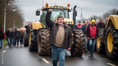 Many tractors blocked city streets and caused traffic jams in city. Agricultural workers protesting against tax increases, changes in law, abolition of benefits on protest rally in street, a mature ma © boba