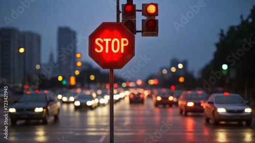 A realistic capture of a "Give Way" road sign at an urban intersection during sunset with city lights in the background.