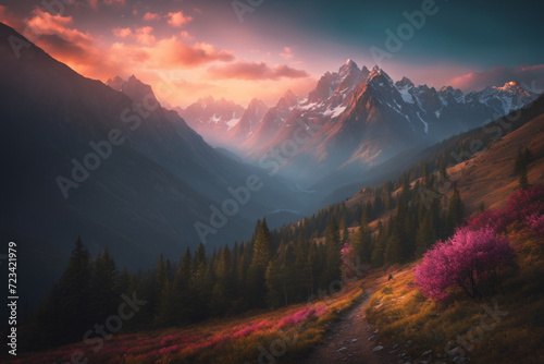 Monochromatic backdrop, sunset over the forested mountain landscape