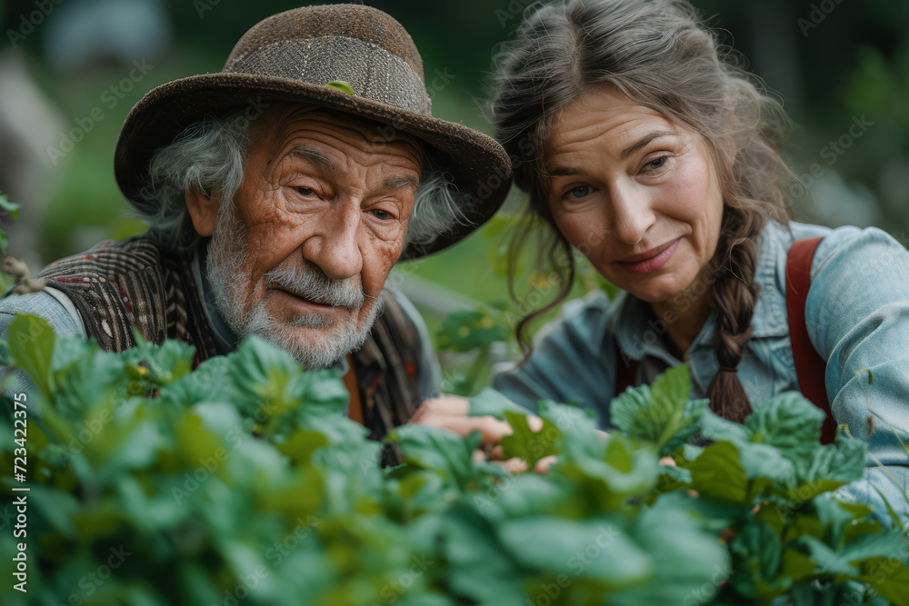 An elderly couple gardening together, nurturing their plants as they nurture their relationship. Concept of lifelong companionship and connection to nature. Generative Ai.