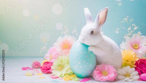 Coniglio bianco con uovo di Pasqua e fiori colorati photo