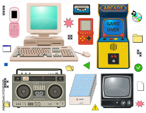 Set of 90s 00s retro devices. Vintage TV, computer, arcade game console, telephone, games. Nostalgia for 1990s.