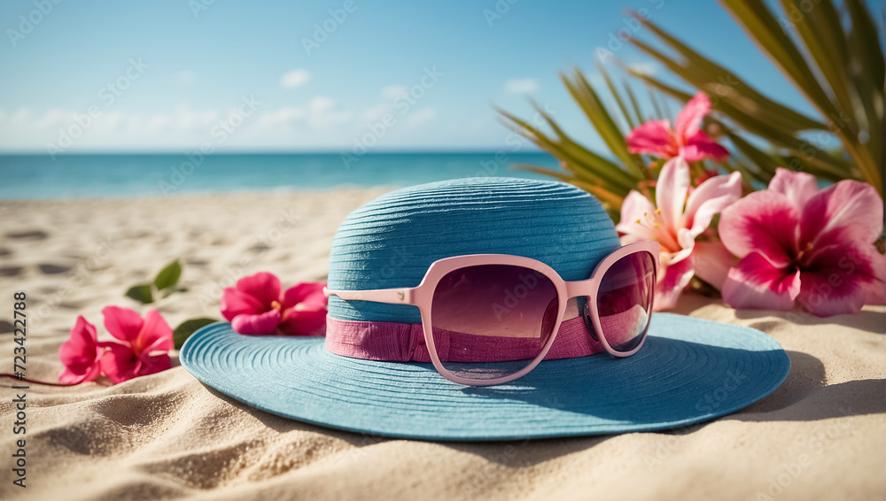 hat, sunglasses on the background of the sea outdoor