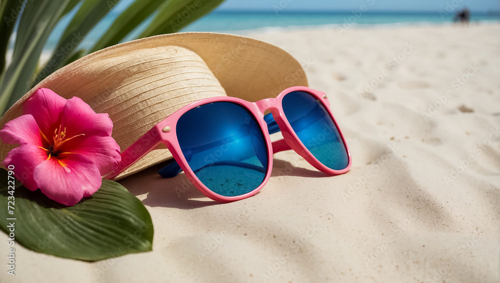 hat, sunglasses on the background of the sea hat, sunglasses on the background of the sea
