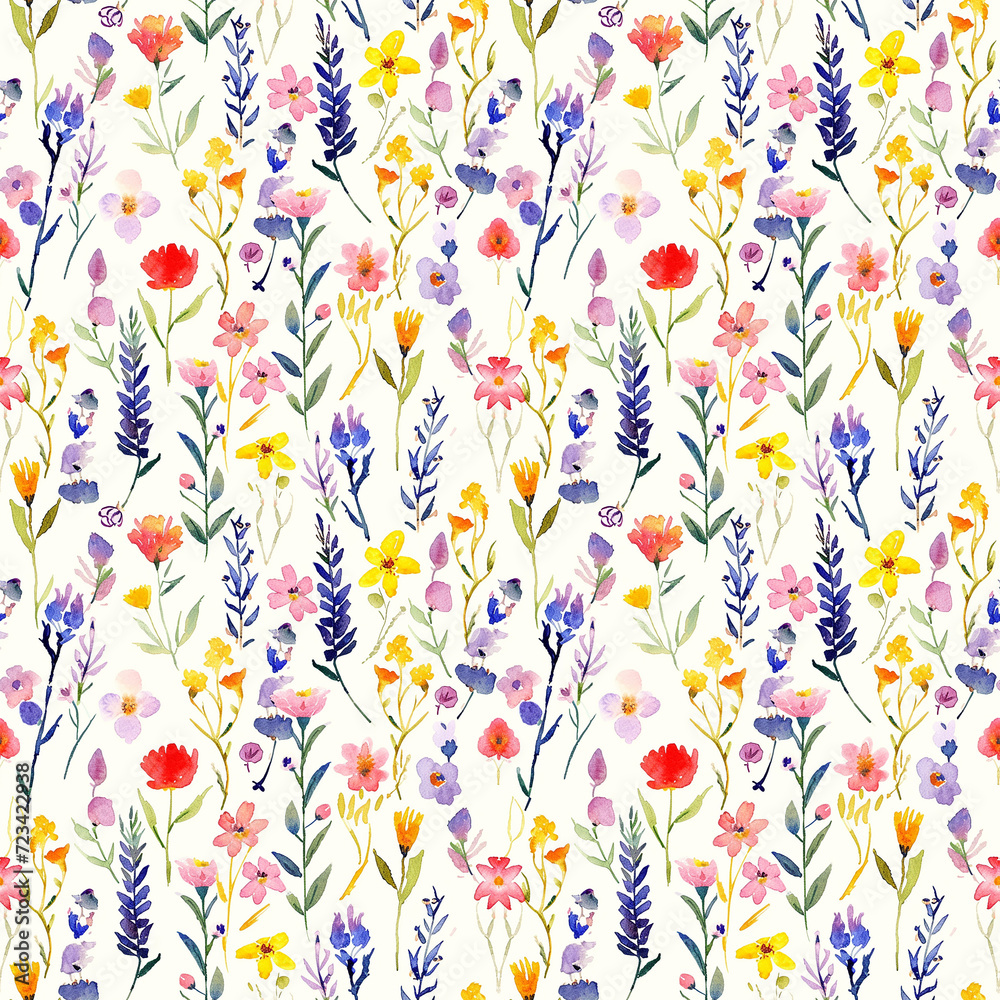 Fototapeta premium Garden watercolor floral seamless pattern. Hand painted watercolor, wildflowers, twigs, leaves, buds. Design for fashion , fabric, textile, wallpaper, cover, web , wrapping and all prints