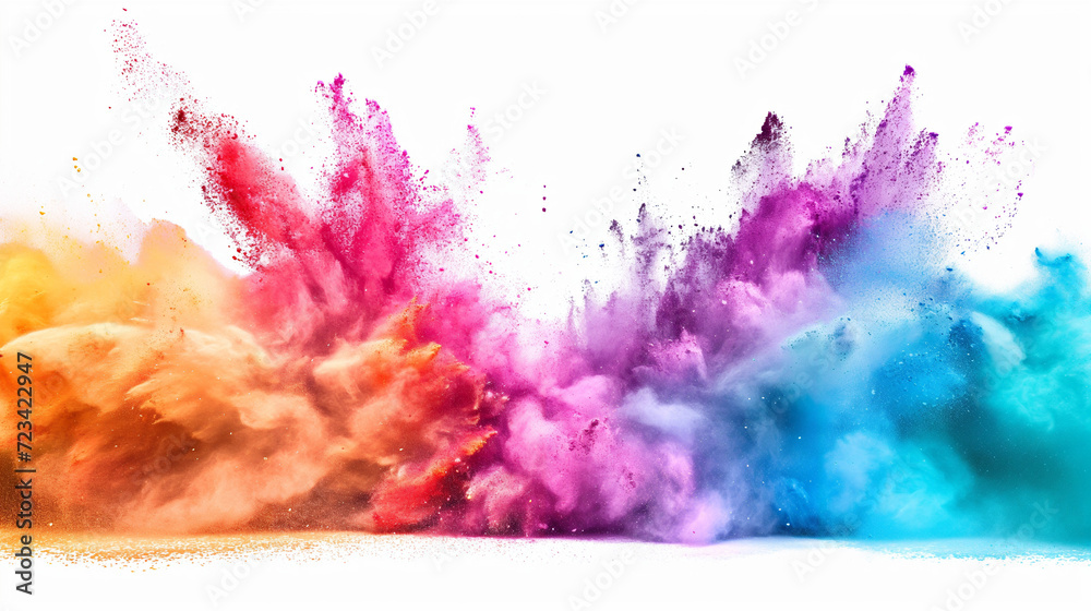 Explosion of colors, a vibrant burst of pink, blue, and orange hues. Colorful smoke or powder for holi background.