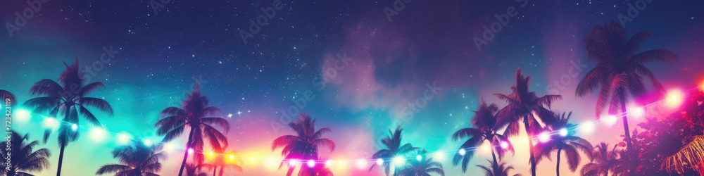Obraz premium Palms silhouettes at neon sunset sky. Night landscape with palm trees on beach. Creative trendy summer tropical background. Vacation travel concept. Retro, synthwave, retrowave style. Rave party