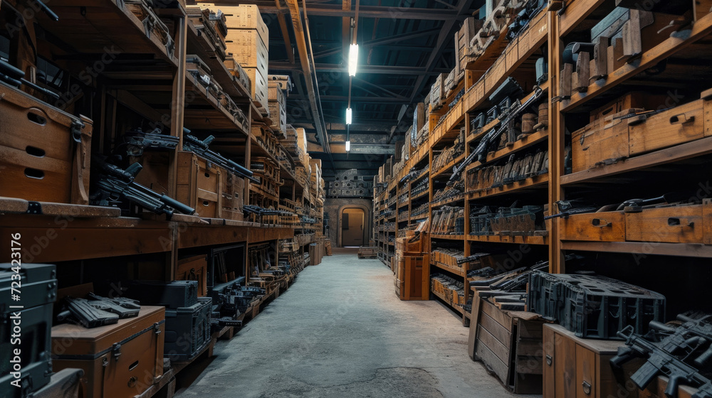 Old warehouse with new modern weapon, perspective view, firearm stored on vintage shelves in dark storage. Illegal smuggle arsenal of guns. Concept of war, military industry, violence