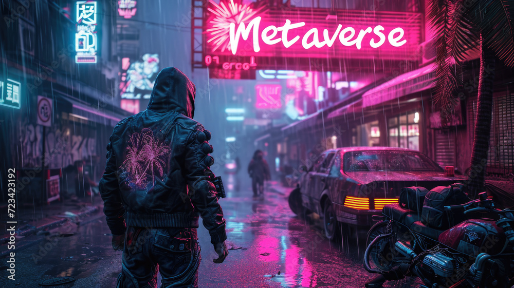 Man walks down street in futuristic cyberpunk city with sign Metaverse, scenery of dark urban grungy alley with neon light in rain. Concept of future, virtual reality, game, technology