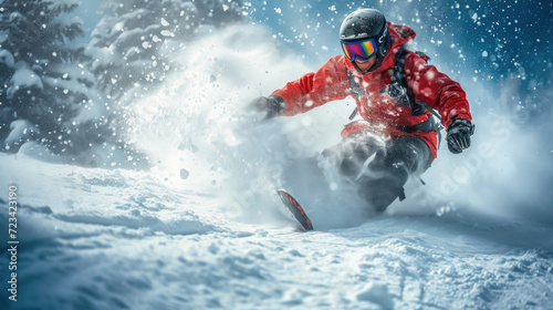 Snowboarder in red jacket slides at ski slope spraying snow powder, man rides snowboard in winter. Concept of professional sport, splash, extreme, speed, resort