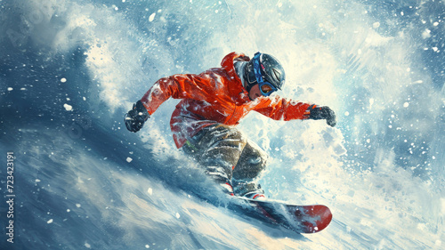 Snowboarder in action, man in red jacket slides at ski slope spraying snow powder. Concept of snowboard, winter, sport, splash, extreme