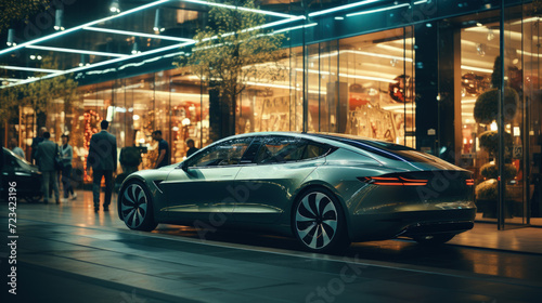 Luxury car parked at store at night, modern shiny vehicle near building window on city street. Urban reflections and neon lights background. Concept of sport, technology, design, shopping © scaliger