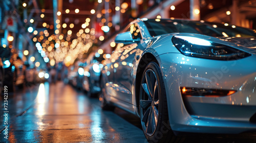 Luxury car parked on city street at night, detail of modern shiny vehicle, urban reflections and bokeh lights background. Concept of sport, design, headlight, business, road
