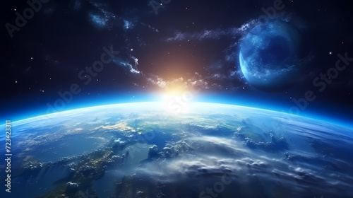 Blue space background with earth planet satellite view