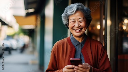 Happy smiling senior woman is using a smartphone outdoors photo