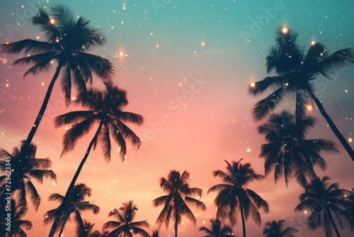 Palms silhouettes at neon sunset sky. Night landscape with palm trees on beach. Creative trendy summer tropical background. Vacation travel concept. Retro  synthwave  retrowave style. Rave party