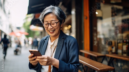 Happy smiling senior woman is using a smartphone outdoors