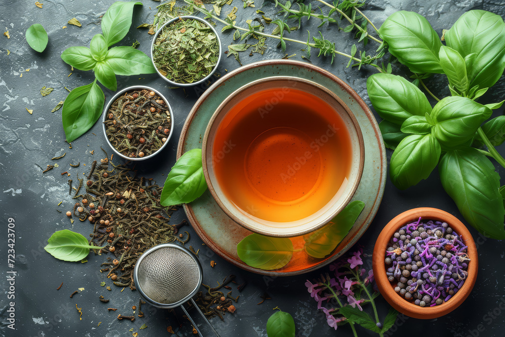 An herbal tea preparation flat lay with loose leaves, a strainer, and a cup. Concept of natural wellness and herbal remedies. Generative Ai. An herbal tea preparation flat lay with loose leaves, a strainer, and a cup. Concept of natural wellness and herbal remedies. Generative Ai.