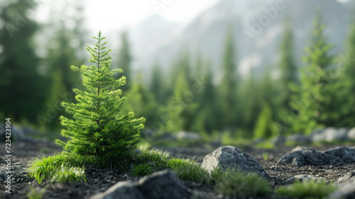 Small Pine Tree Standing Amidst Rocky Terrain