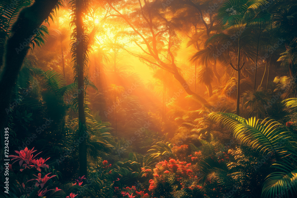 Sunset in the jungle brightly colored background 8K wallpaper depicting botanical abundance, in the style of epic fantasy scenes. - obrazy, fototapety, plakaty 