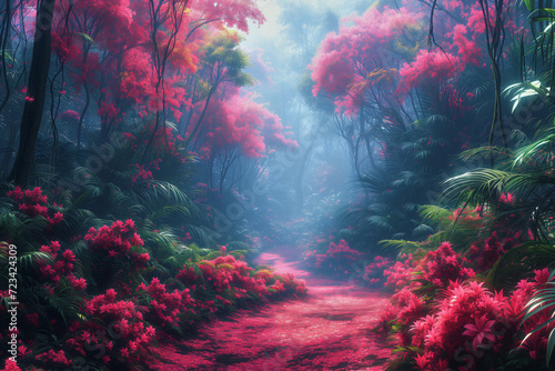 Pathway through a jungle with pink flowers  in the style of vibrant fantasy landscapes  teal and crimson hues  dreamy atmosphere  colorful fantasy background wallpaper.