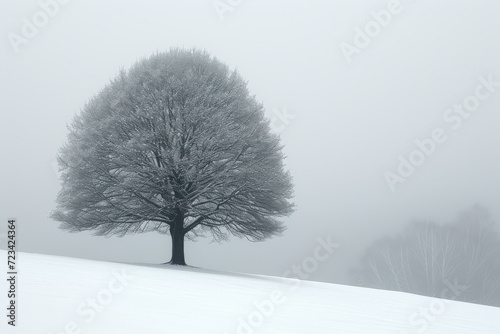 A minimalist photograph of a single tree in a vast snowy landscape, highlighting the starkness and isolation. Concept of solitude and simplicity in negative space. Generative Ai.