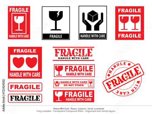 Handle With Care - Fragile - Logistics - vector illustration. Packaging symbols, fragile and packing care label, vector illustration. Labels for logistics and delivery shipping.