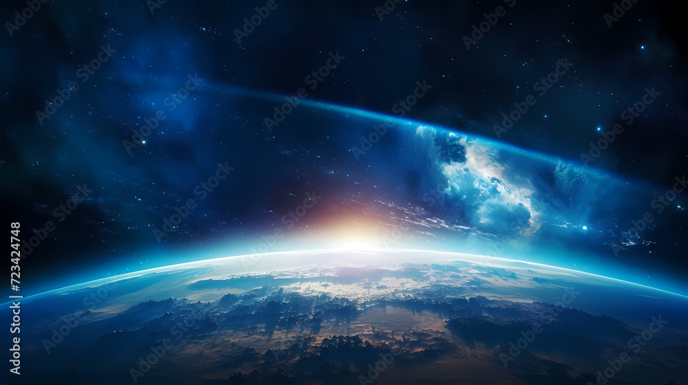 Blue space background with earth planet satellite view