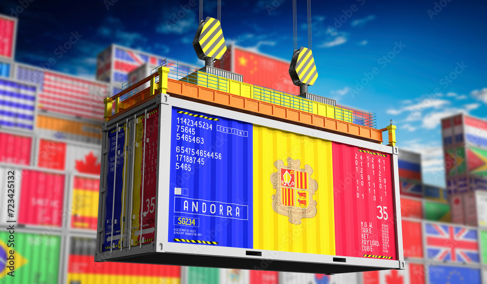 Freight shipping container with national flag of Andorra - 3D illustration - obrazy, fototapety, plakaty 