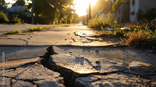 A cracked and uneven sidewalk in a neglected neighborhood, portraying the neglected infrastructure and lack of urban development.