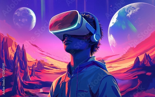 Illustration of virtual reality 3d augmented experience exited digital generate person wear vr glasses goggle headset hand in fantasy space  world , virtual world in generative ai © StellaPattaya