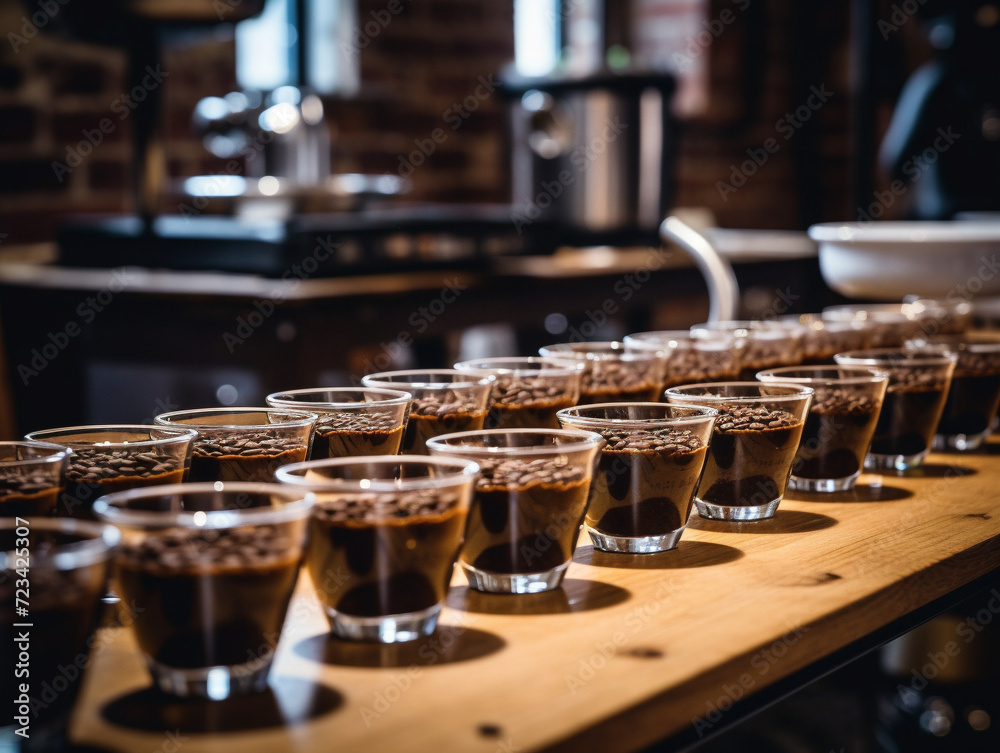 A group of people gathering around a table, tasting and evaluating different coffee flavors.