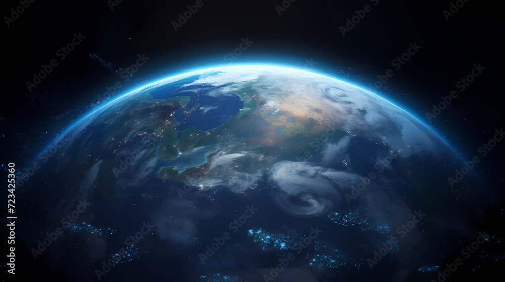 Blue space background with earth planet satellite view - obrazy, fototapety, plakaty 