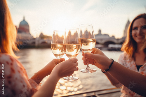 Close up of wine in the hands of cheerful woman making a toast standing outside at south bank of Thames. 3d render, ai. photo