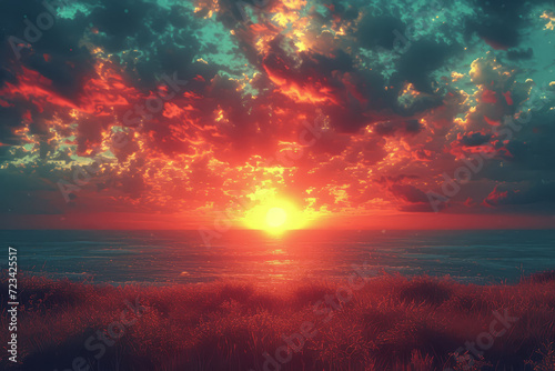 A picture of a sunset, edited to have the color tones and texture of an old film. Concept of nature's spectacle with a historical aesthetic. Generative Ai.